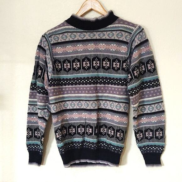 Vintage 80s Beldoch popper striped mock neck dark pastel sweater - Picture 1 of 6